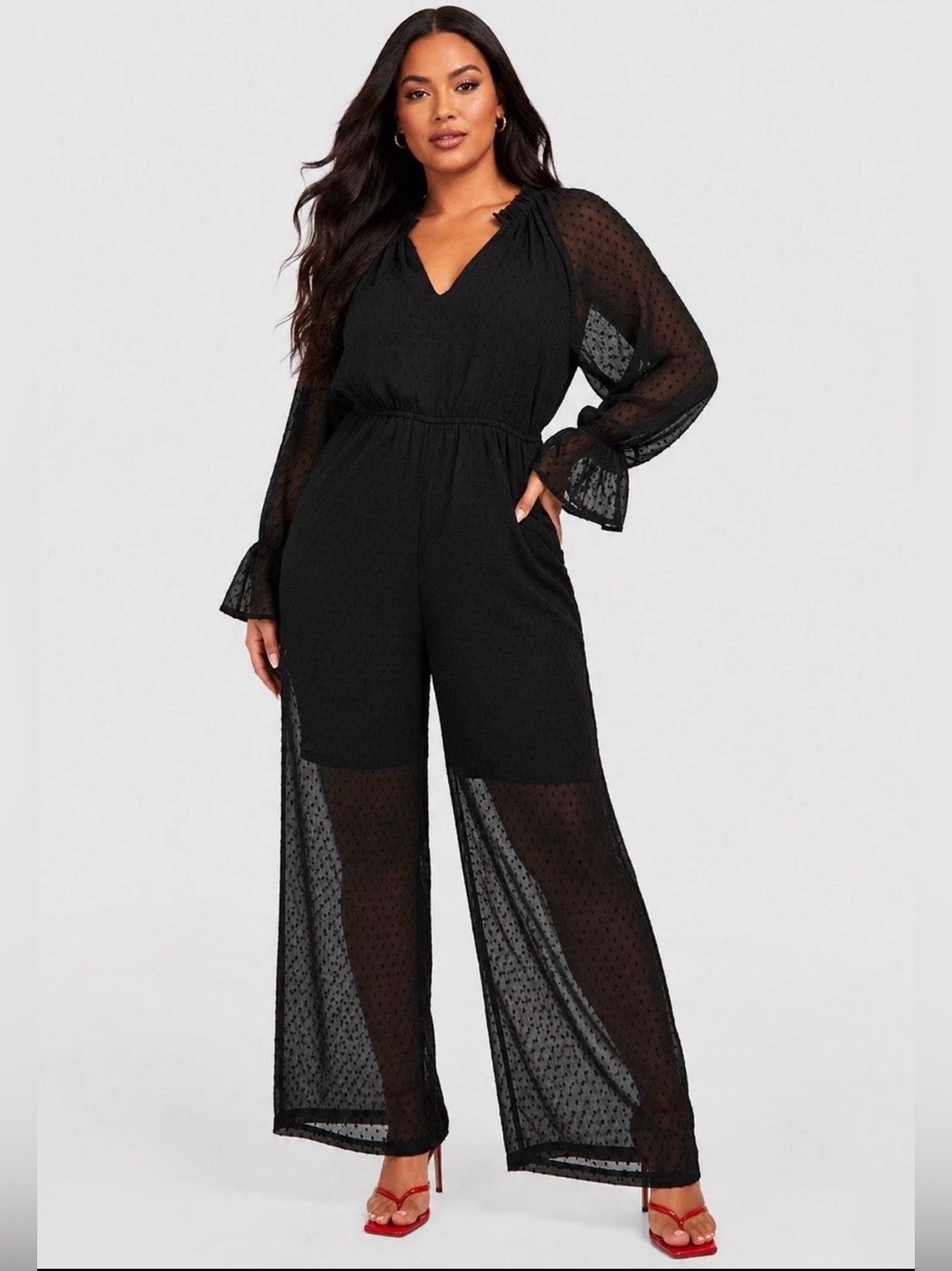 Black Swiss Dot Sheer Sleeve Wide Leg Jumpsuit Elegant Dressy One-Piece Size 16